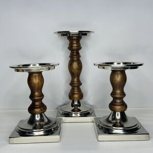 Pottery Barn Baxter Silver & Wood Pillar Candle Holders 12" & 8" Tall Lot of 3